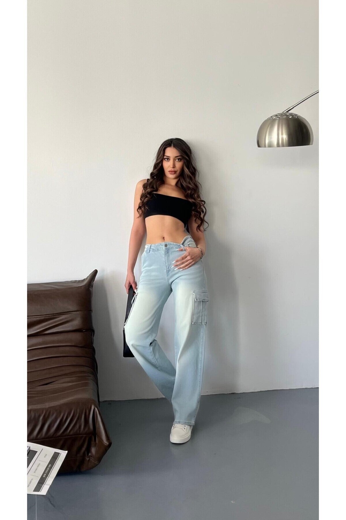 Kadın Soluk Efekt Vintage Yüksek Bel Wide Leg Kargo Pantolon buz mavi - MALLTURK