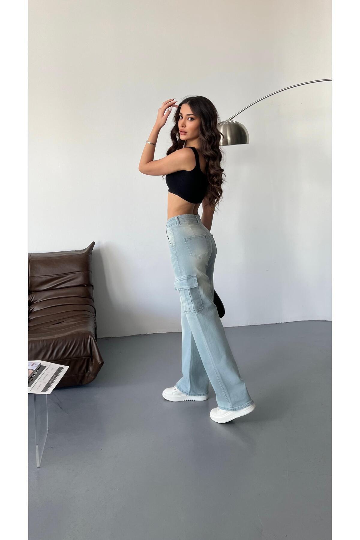 Kadın Soluk Efekt Vintage Yüksek Bel Wide Leg Kargo Pantolon buz mavi - MALLTURK