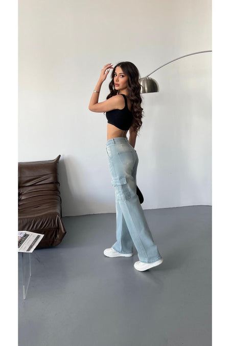 Kadın Soluk Efekt Vintage Yüksek Bel Wide Leg Kargo Pantolon buz mavi - MALLTURK