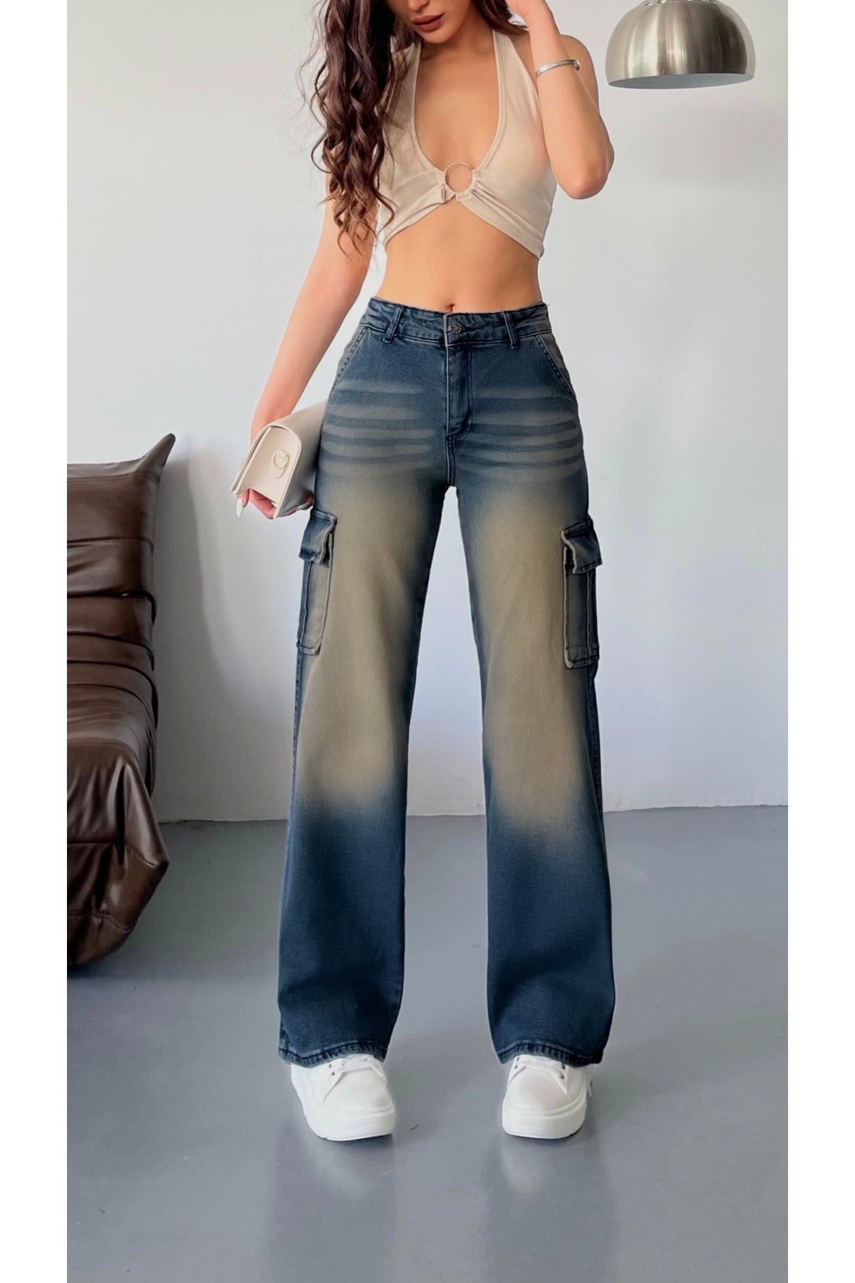 Kadın Soluk Efekt Vintage Yüksek Bel Wide Leg Kargo Pantolon koyu mavi - MALLTURK