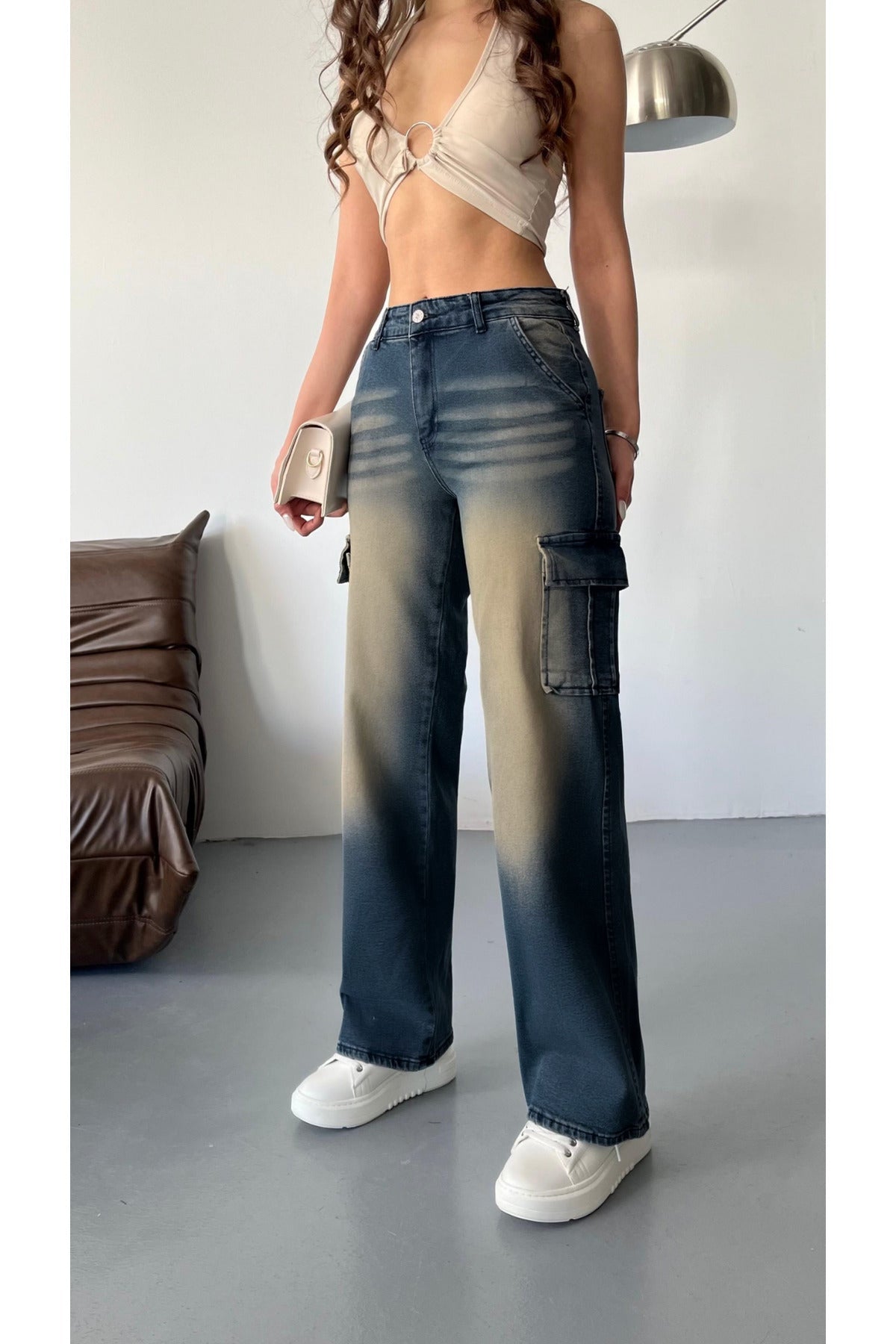 Kadın Soluk Efekt Vintage Yüksek Bel Wide Leg Kargo Pantolon koyu mavi - MALLTURK