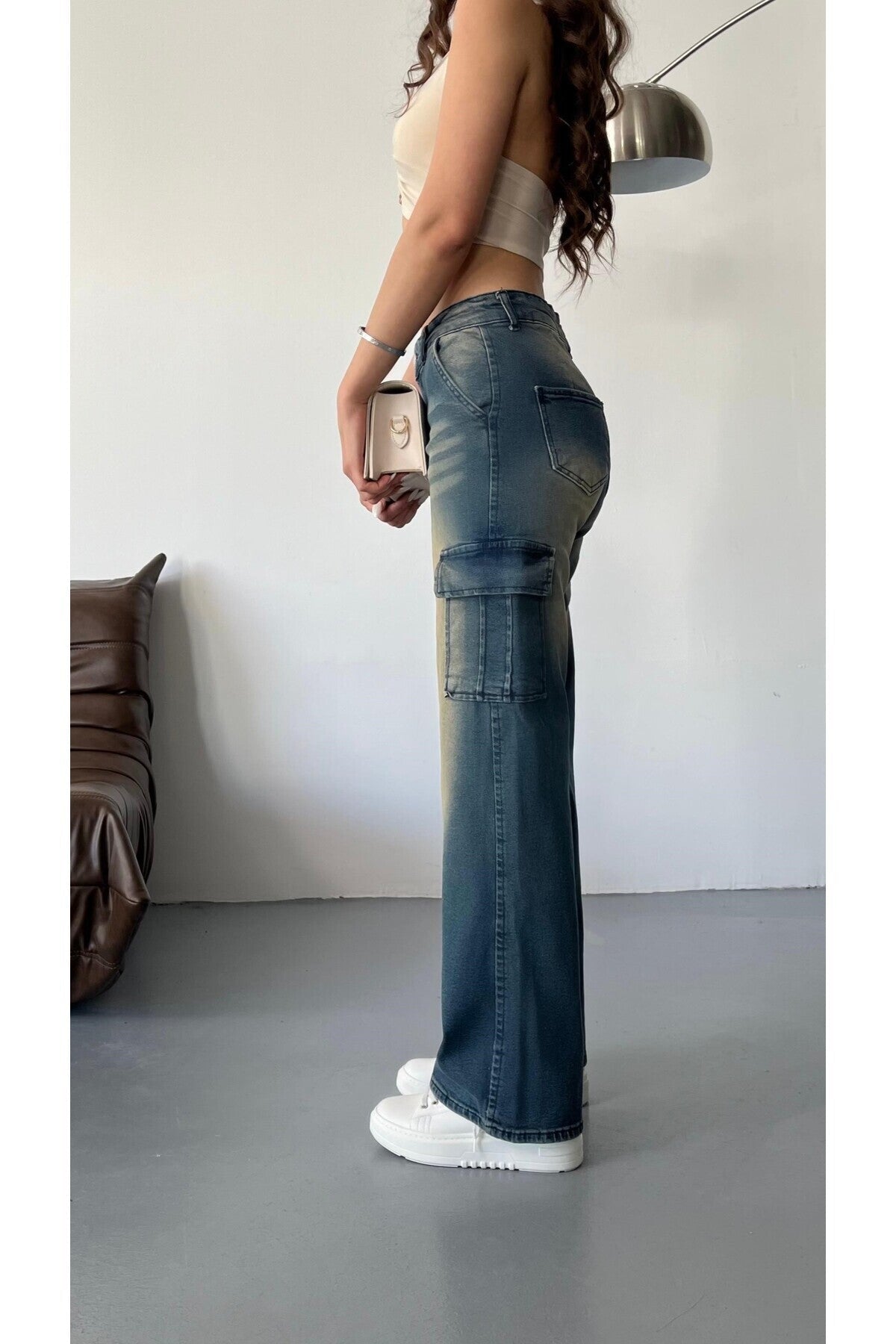 Kadın Soluk Efekt Vintage Yüksek Bel Wide Leg Kargo Pantolon koyu mavi - MALLTURK