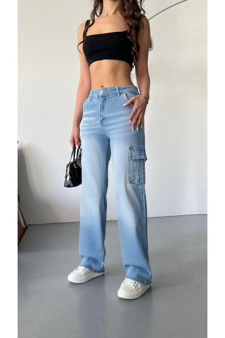 Kadın Soluk Efekt Vintage Yüksek Bel Wide Leg Kargo Pantolon mavi - MALLTURK
