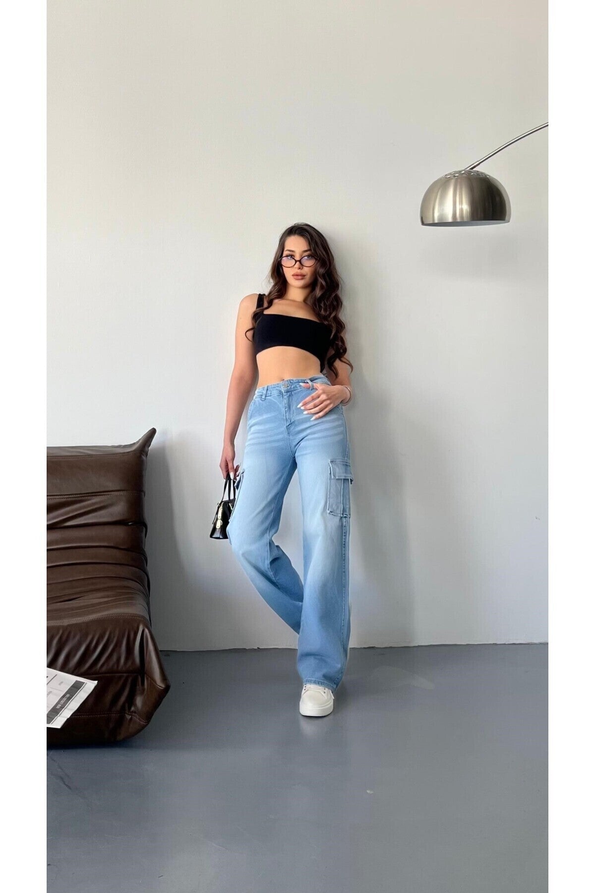 Kadın Soluk Efekt Vintage Yüksek Bel Wide Leg Kargo Pantolon mavi - MALLTURK