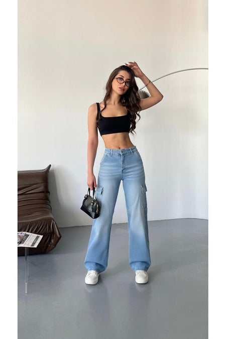 Kadın Soluk Efekt Vintage Yüksek Bel Wide Leg Kargo Pantolon mavi - MALLTURK