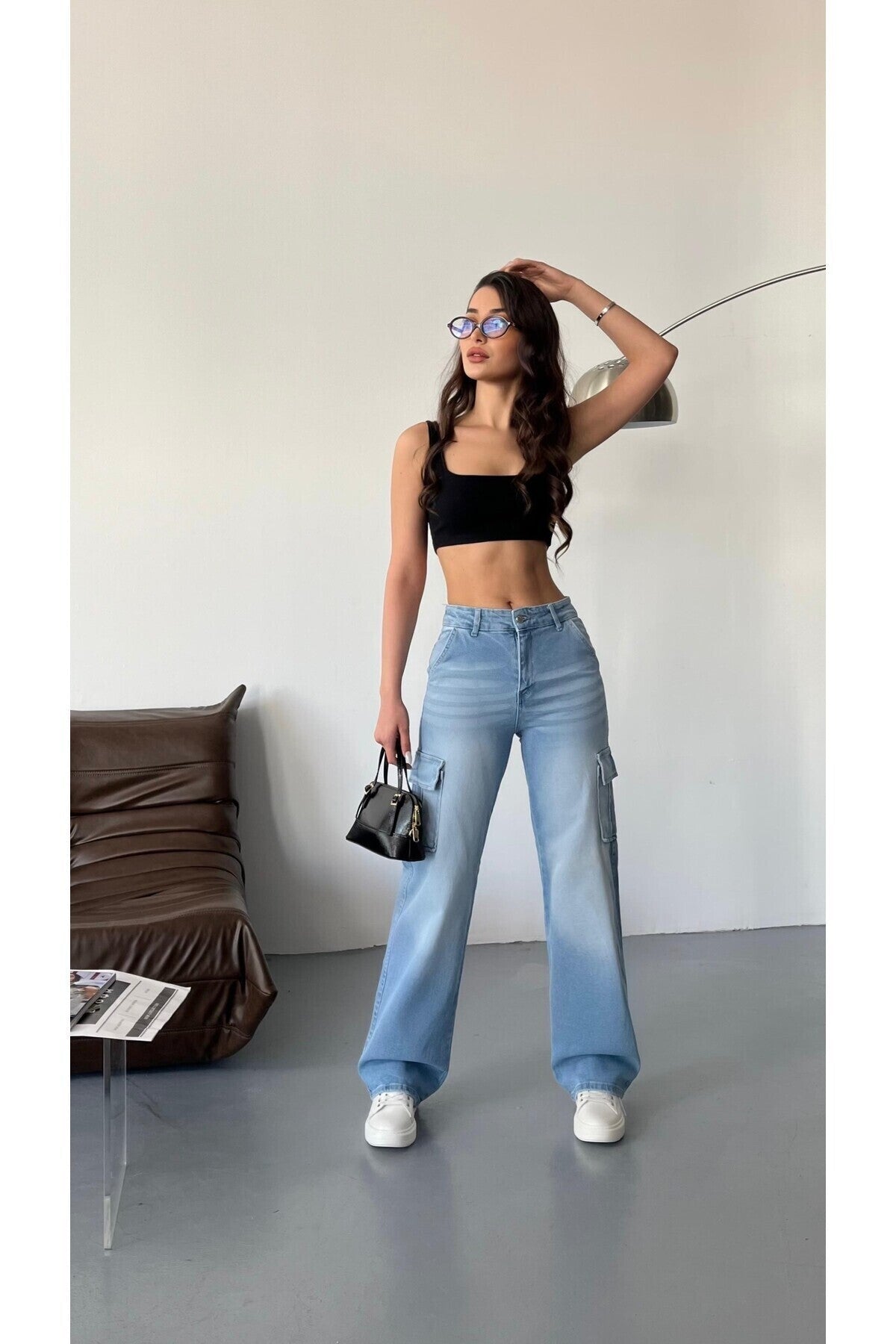 Kadın Soluk Efekt Vintage Yüksek Bel Wide Leg Kargo Pantolon mavi - MALLTURK
