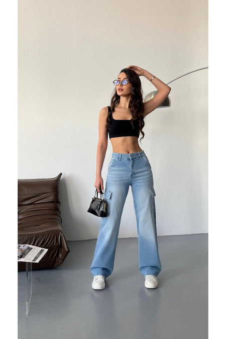 Kadın Soluk Efekt Vintage Yüksek Bel Wide Leg Kargo Pantolon mavi - MALLTURK