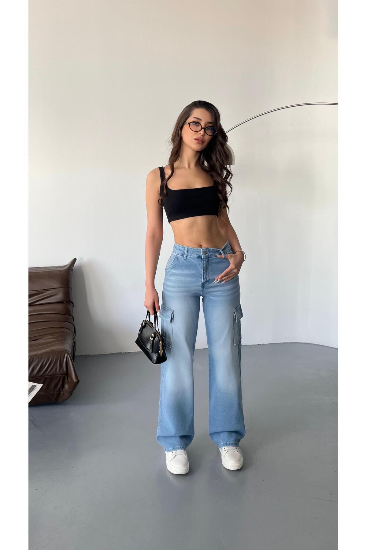 Kadın Soluk Efekt Vintage Yüksek Bel Wide Leg Kargo Pantolon mavi - MALLTURK