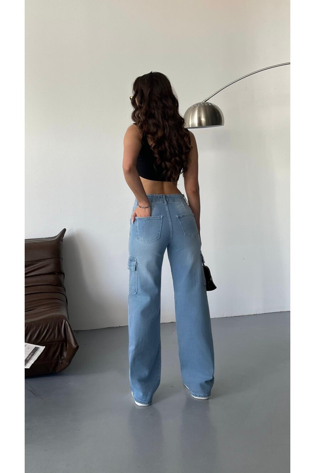 Kadın Soluk Efekt Vintage Yüksek Bel Wide Leg Kargo Pantolon mavi - MALLTURK