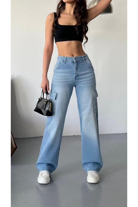 Kadın Soluk Efekt Vintage Yüksek Bel Wide Leg Kargo Pantolon mavi - MALLTURK