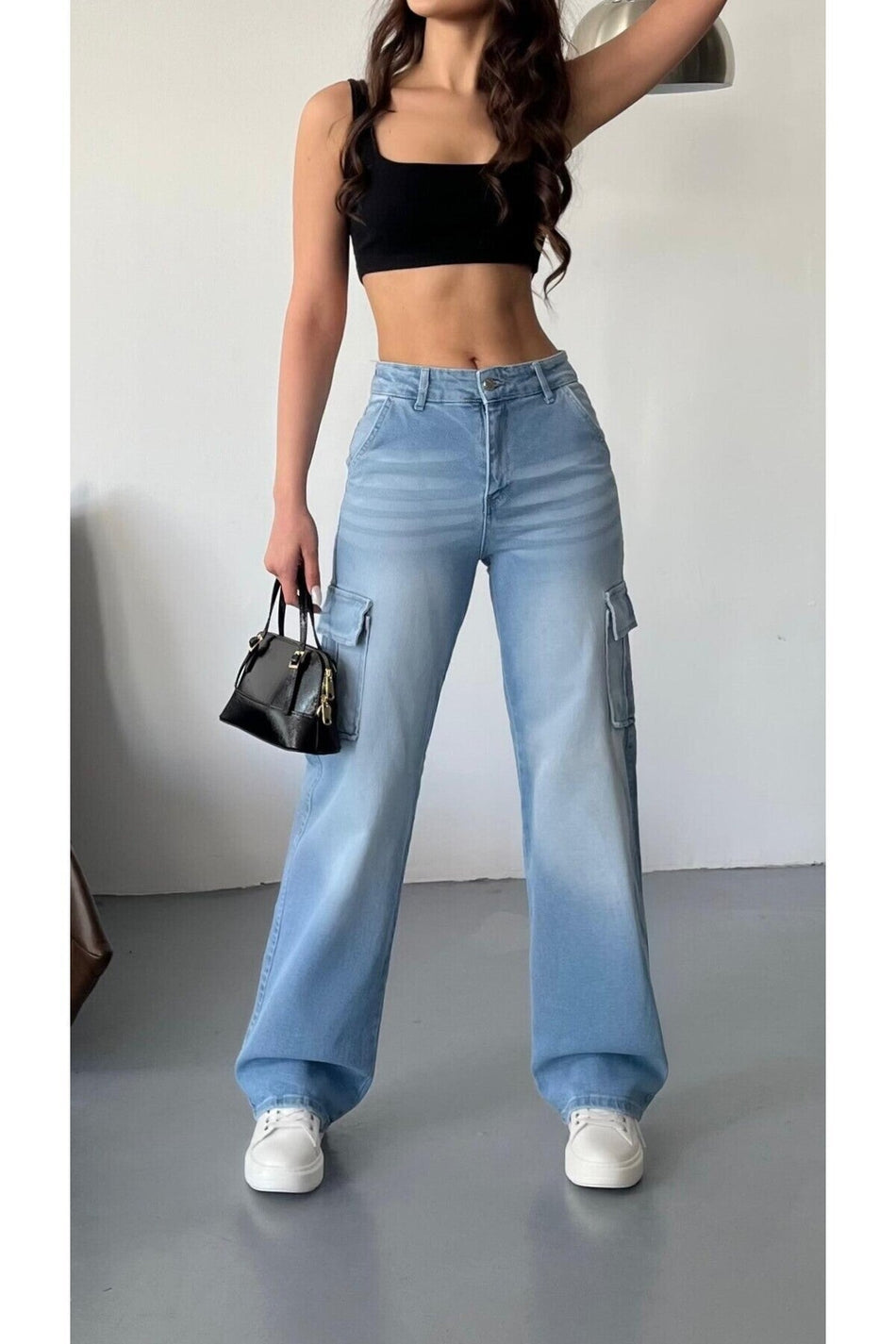 Kadın Soluk Efekt Vintage Yüksek Bel Wide Leg Kargo Pantolon mavi - MALLTURK