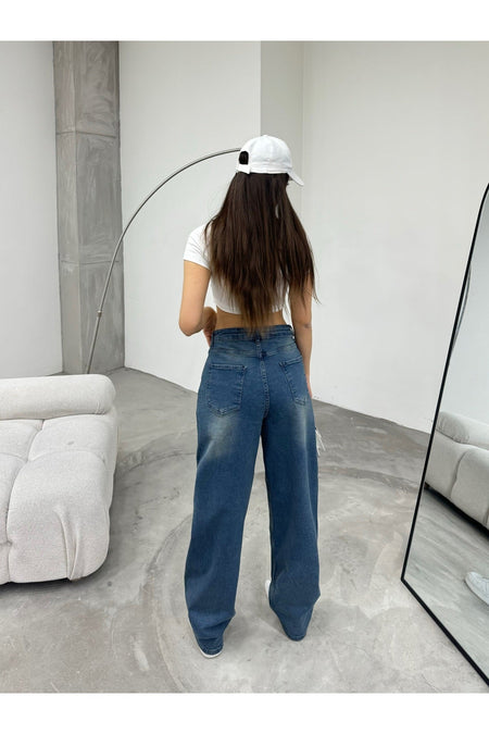 Kadın Soluk Efektli Bol Kesim Geniş Paça Rahat Baggy Jean Pantolon Efektli Mavi - MALLTURK