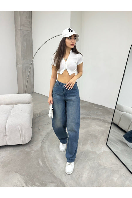 Kadın Soluk Efektli Bol Kesim Geniş Paça Rahat Baggy Jean Pantolon Efektli Mavi - MALLTURK