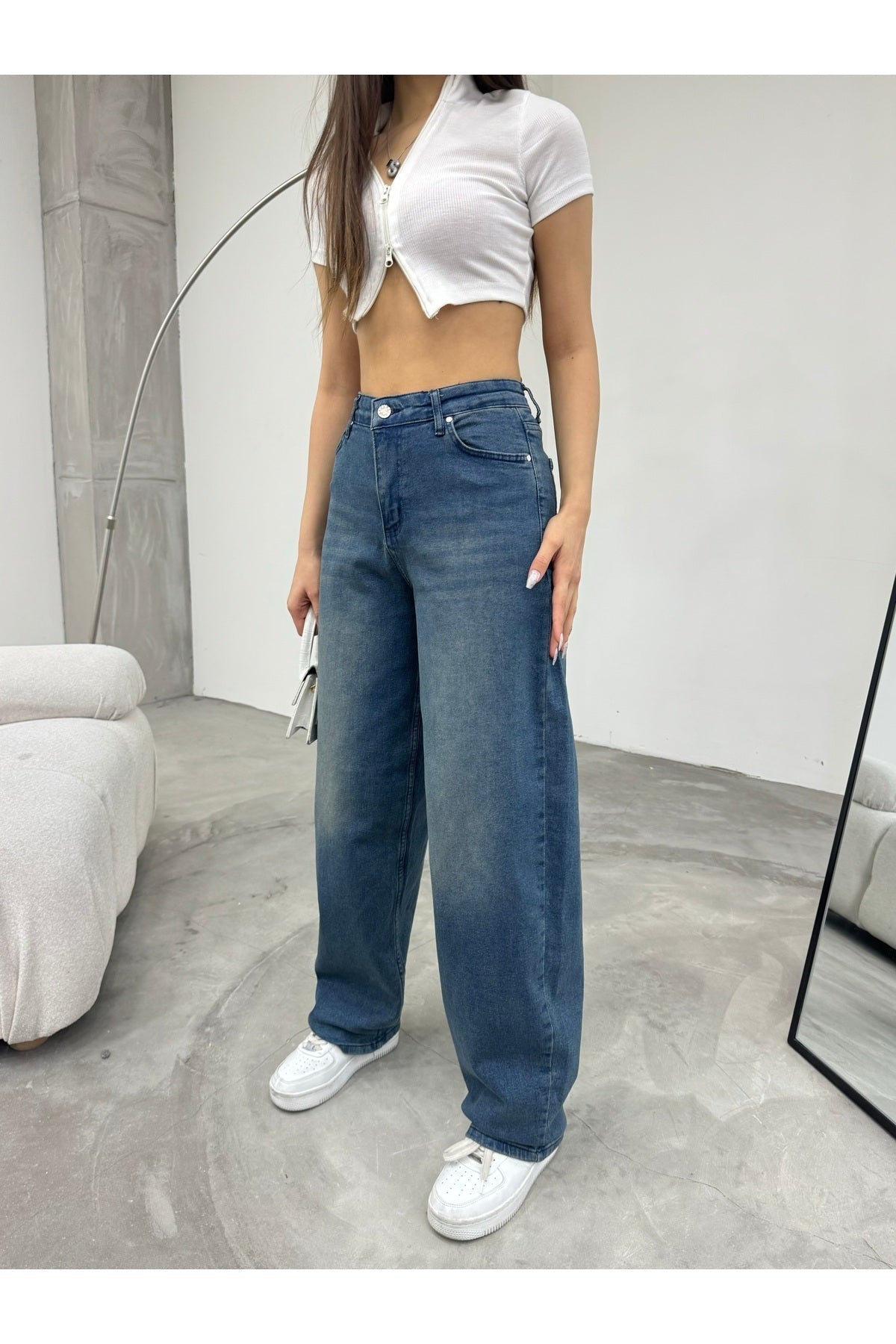Kadın Soluk Efektli Bol Kesim Geniş Paça Rahat Baggy Jean Pantolon Efektli Mavi - MALLTURK