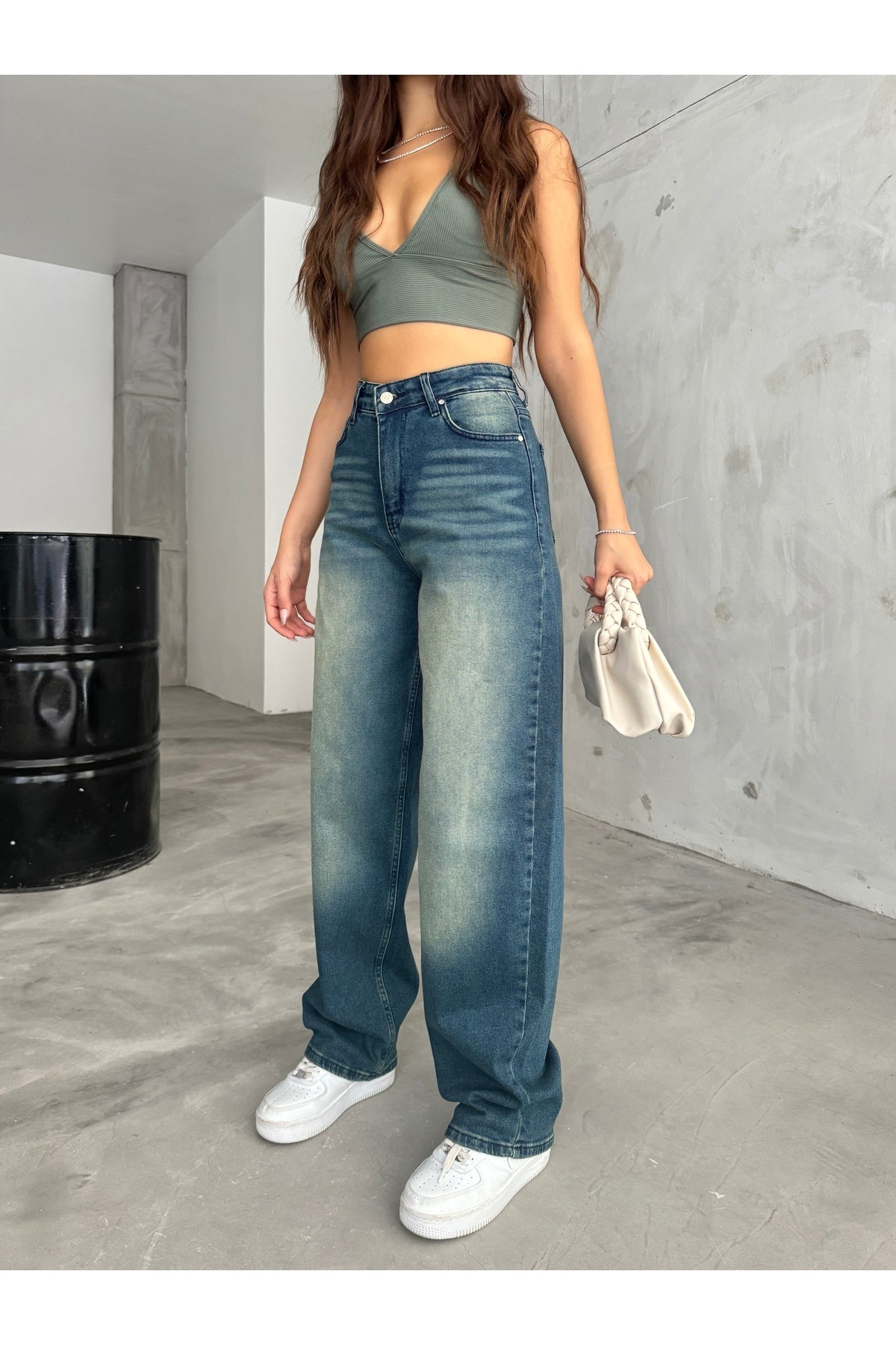 Kadın Soluk Efektli Bol Kesim Geniş Paça Rahat Baggy Jean Pantolon koyu mavi - MALLTURK
