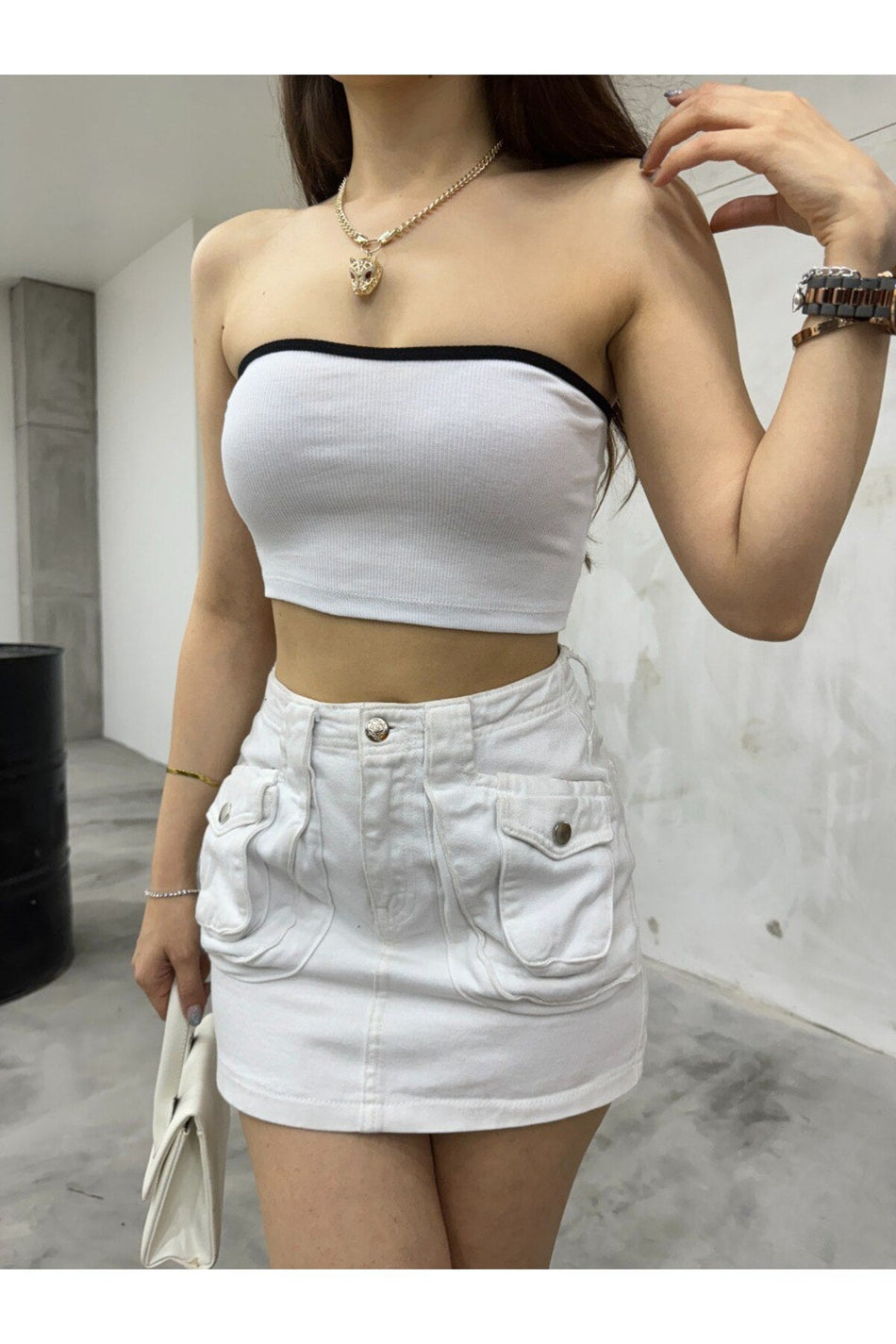 Kadın Straplez Kaşkorse Fitilli Crop Büstiyer beyaz - MALLTURK