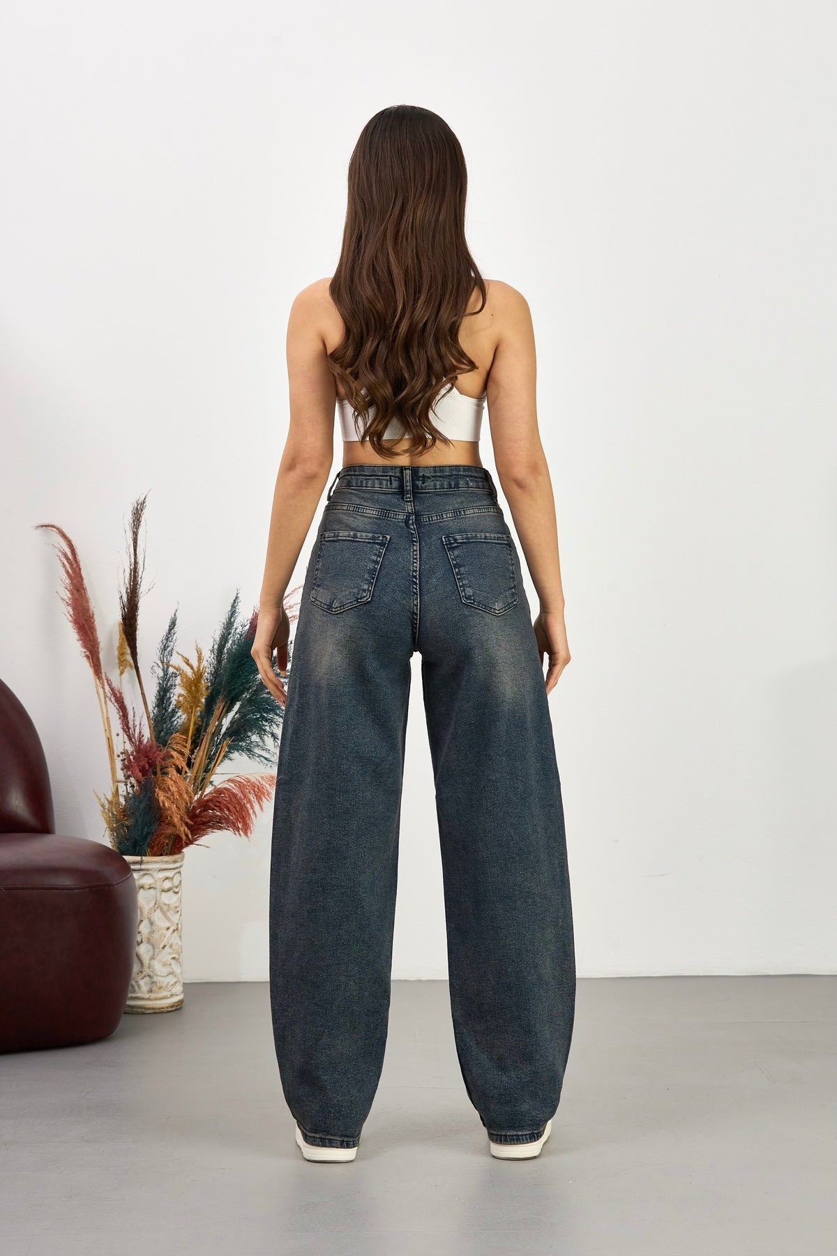 Kadın Street Style Bol Kesim Geniş Paça Baggy Kot Pantolon Antrasit - MALLTURK