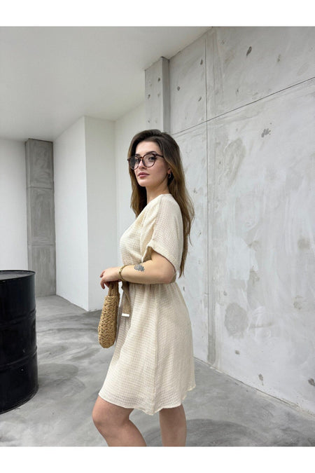 Kadın V Yaka Beli Lastikli Kemerli Keten Yazlık Elbise bej - MALLTURK