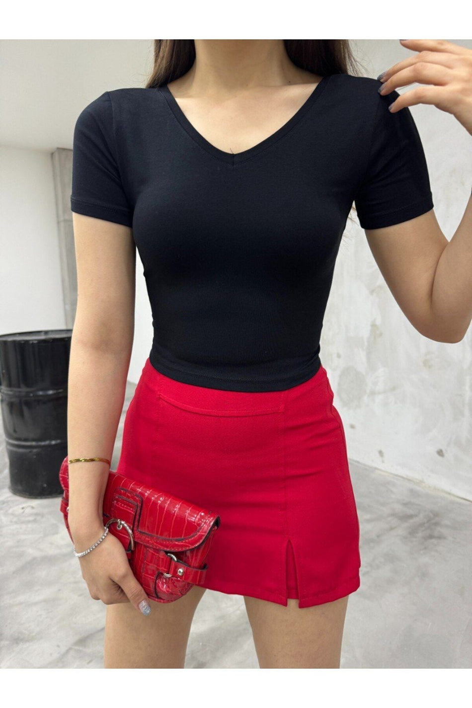 Kadın V Yaka Kısa Kollu Fitted/vücuda Oturan Bluz Body SİYAH - MALLTURK