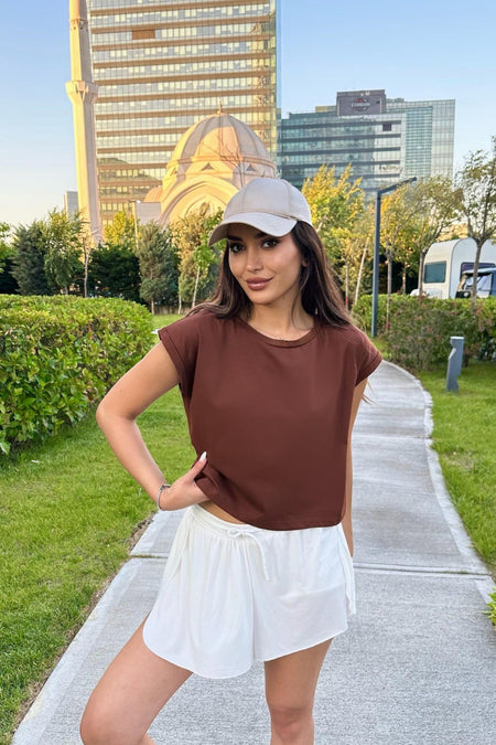 Kadın Vatka Görünümlü Bisiklet Yaka T-Shirt Kahverengi - MALLTURK