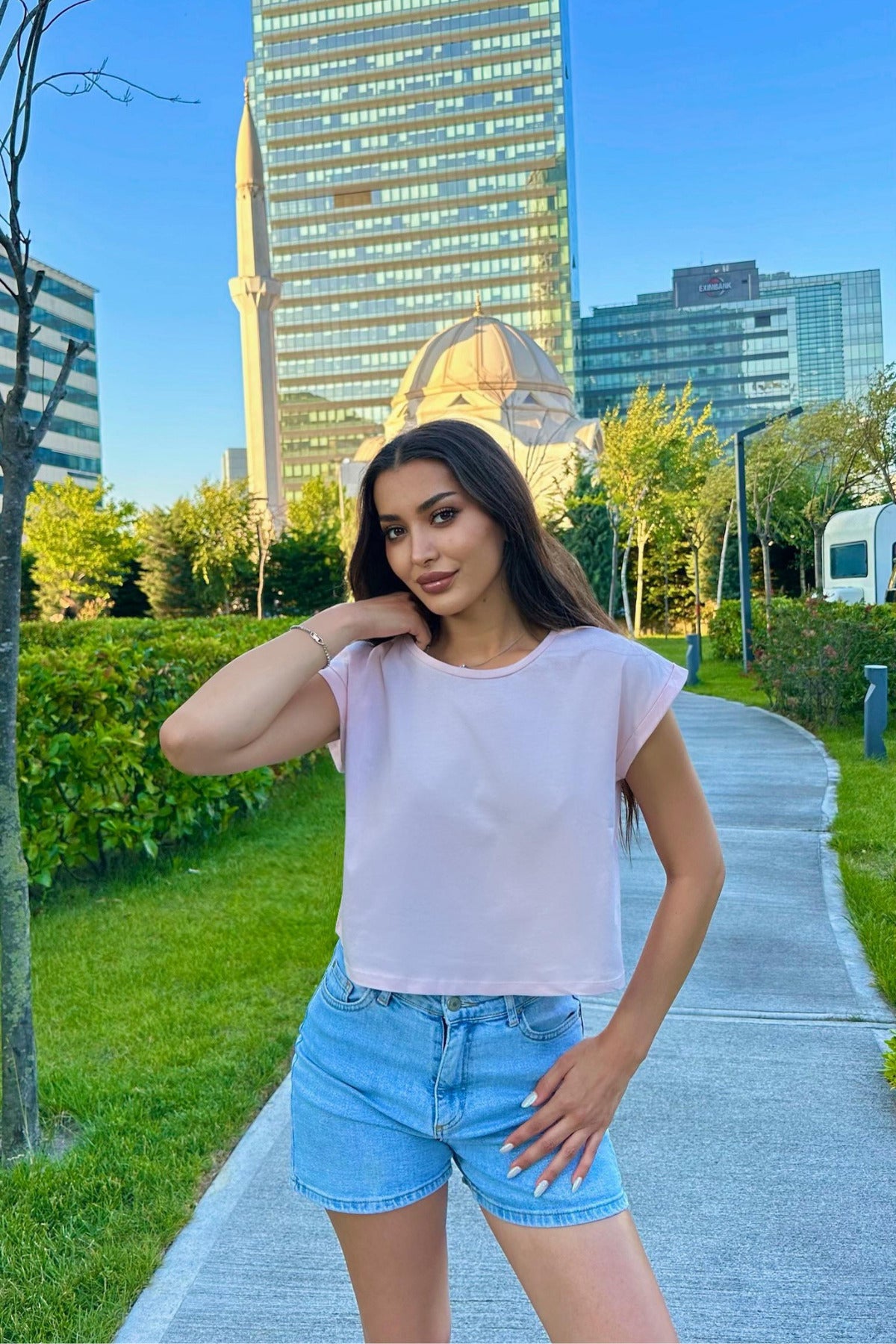 Kadın Vatka Görünümlü Bisiklet Yaka T-Shirt Pembe - MALLTURK