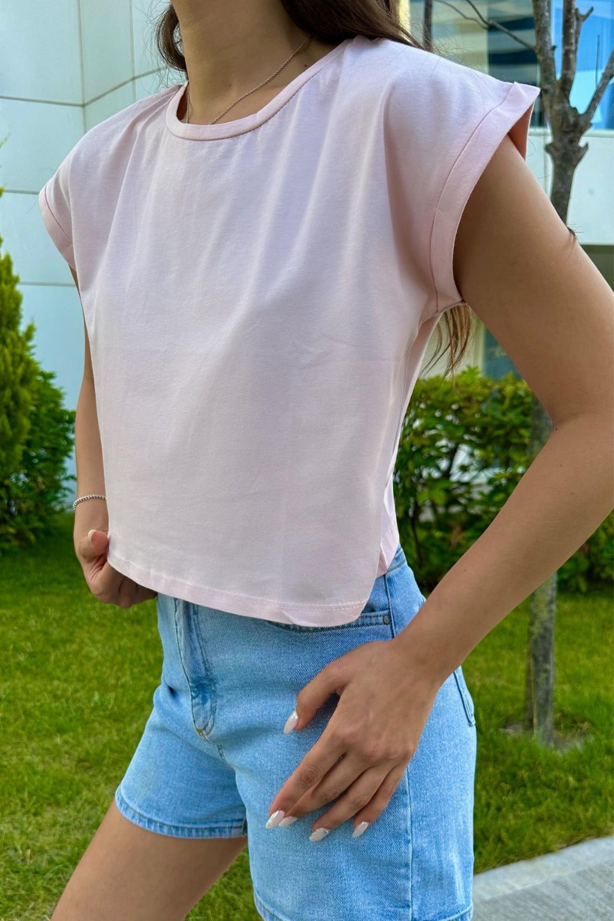 Kadın Vatka Görünümlü Bisiklet Yaka T-Shirt Pembe - MALLTURK