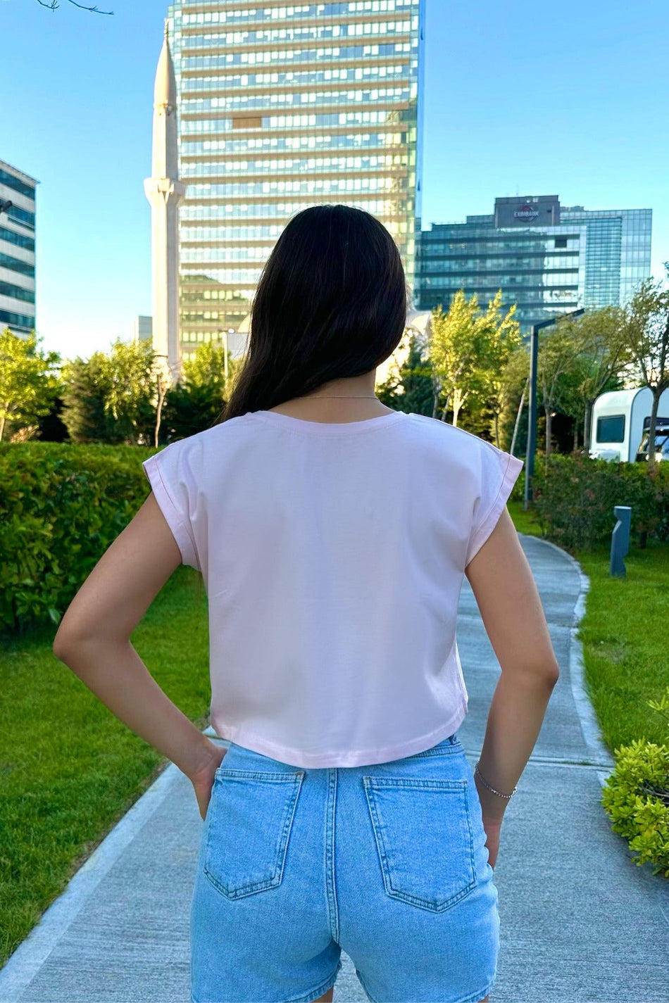 Kadın Vatka Görünümlü Bisiklet Yaka T-Shirt Pembe - MALLTURK