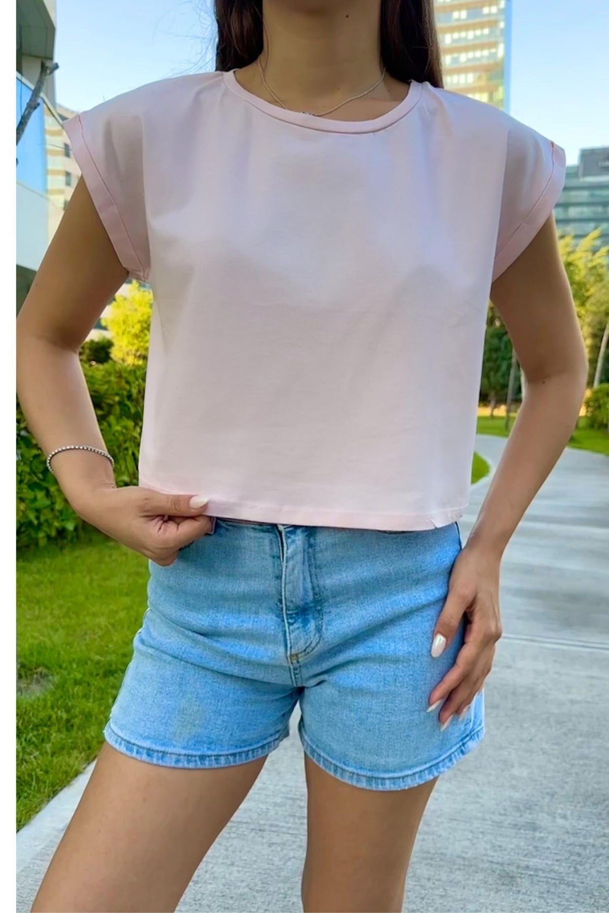 Kadın Vatka Görünümlü Bisiklet Yaka T-Shirt Pembe - MALLTURK