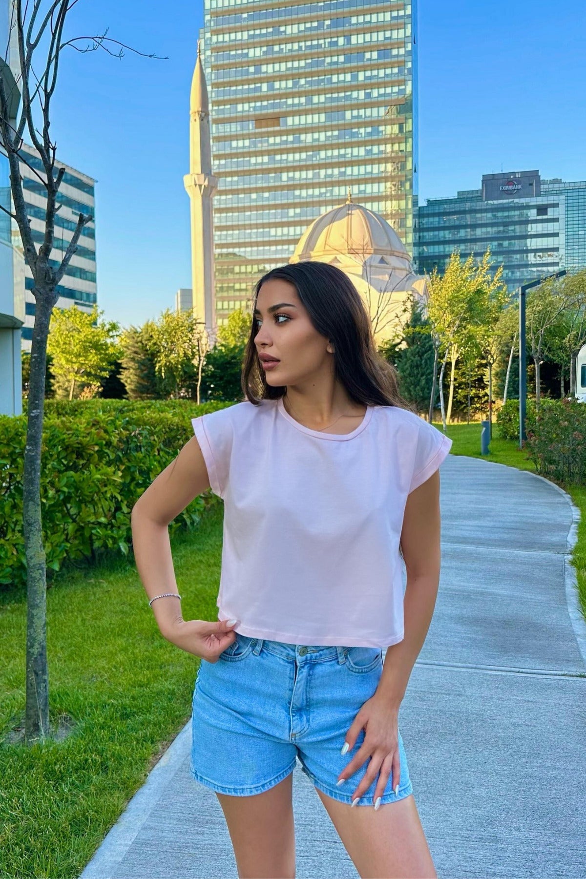 Kadın Vatka Görünümlü Bisiklet Yaka T-Shirt Pembe - MALLTURK