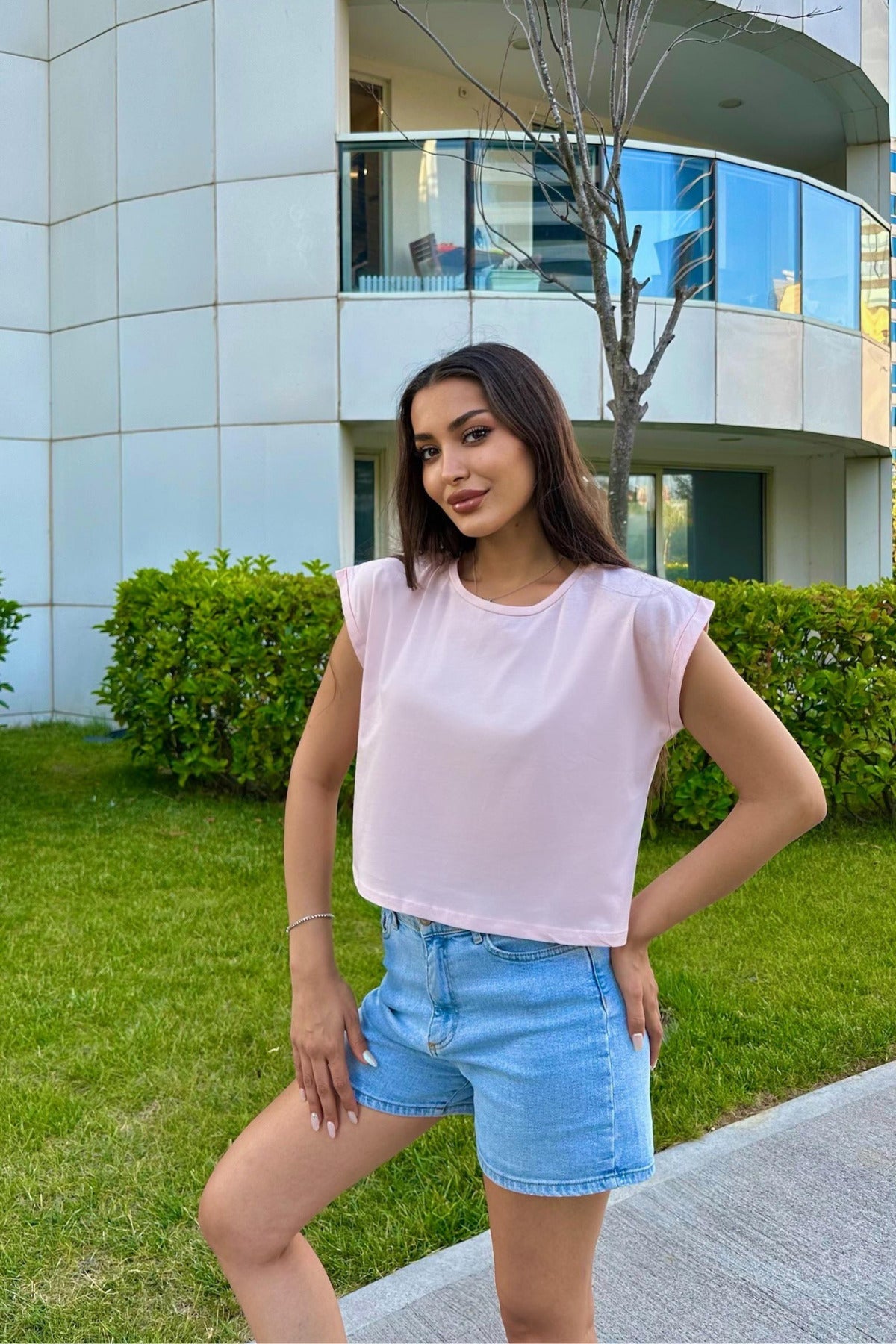 Kadın Vatka Görünümlü Bisiklet Yaka T-Shirt Pembe - MALLTURK