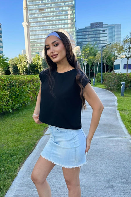 Kadın Vatka Görünümlü Bisiklet Yaka T-Shirt Siyah - MALLTURK