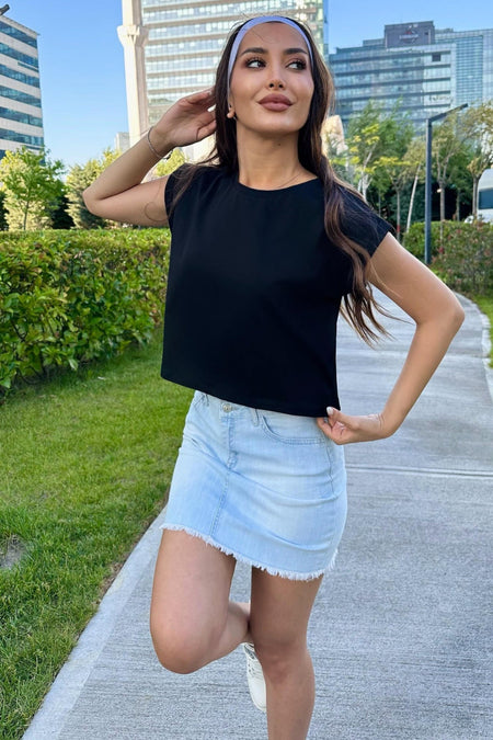 Kadın Vatka Görünümlü Bisiklet Yaka T-Shirt Siyah - MALLTURK
