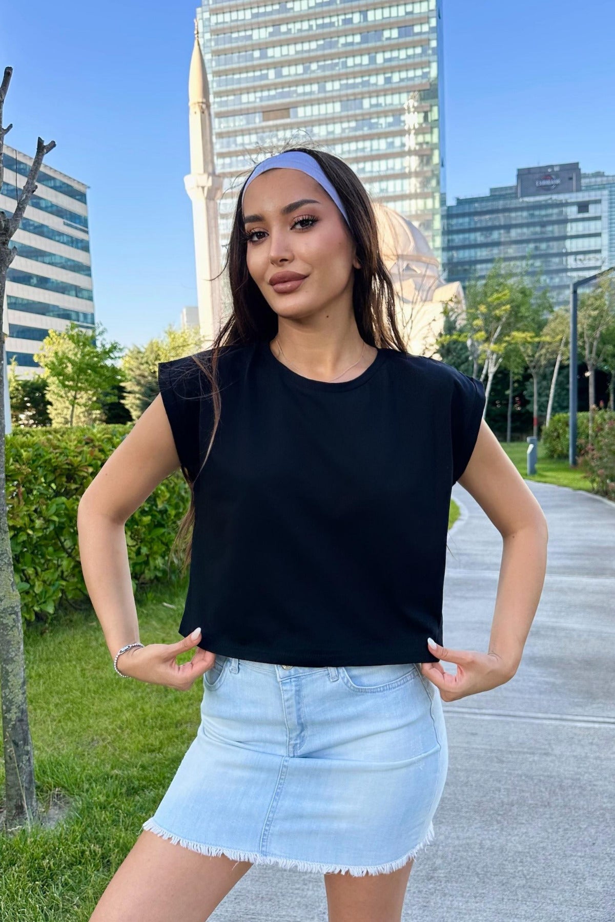 Kadın Vatka Görünümlü Bisiklet Yaka T-Shirt Siyah - MALLTURK