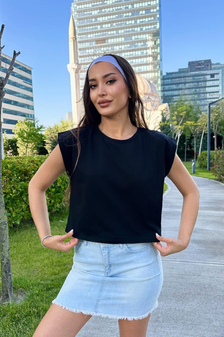 Kadın Vatka Görünümlü Bisiklet Yaka T-Shirt Siyah - MALLTURK
