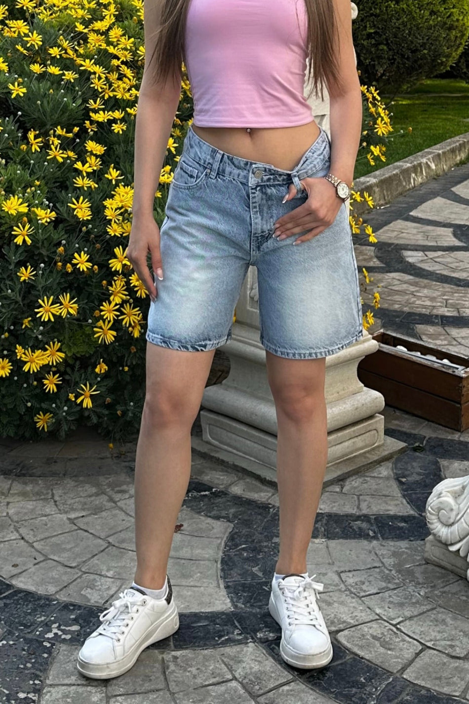 Kadın Vintage Efektli Yüksek Bel 5 Cepli Straight Fit Şort Jeans açık mavi - MALLTURK