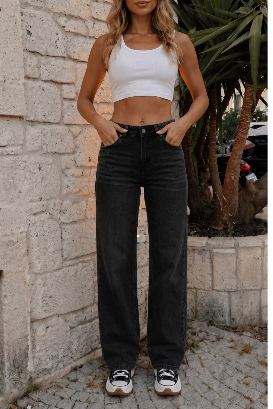 Kadın Vintage Efektli Yüksek Bel Esnek Wide Leg Jeans Siyah - MALLTURK