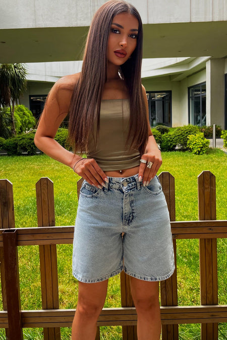 Kadın Yüksek Bel 5 Cepli Straight Fit Şort Jeans Açık Mavi - MALLTURK