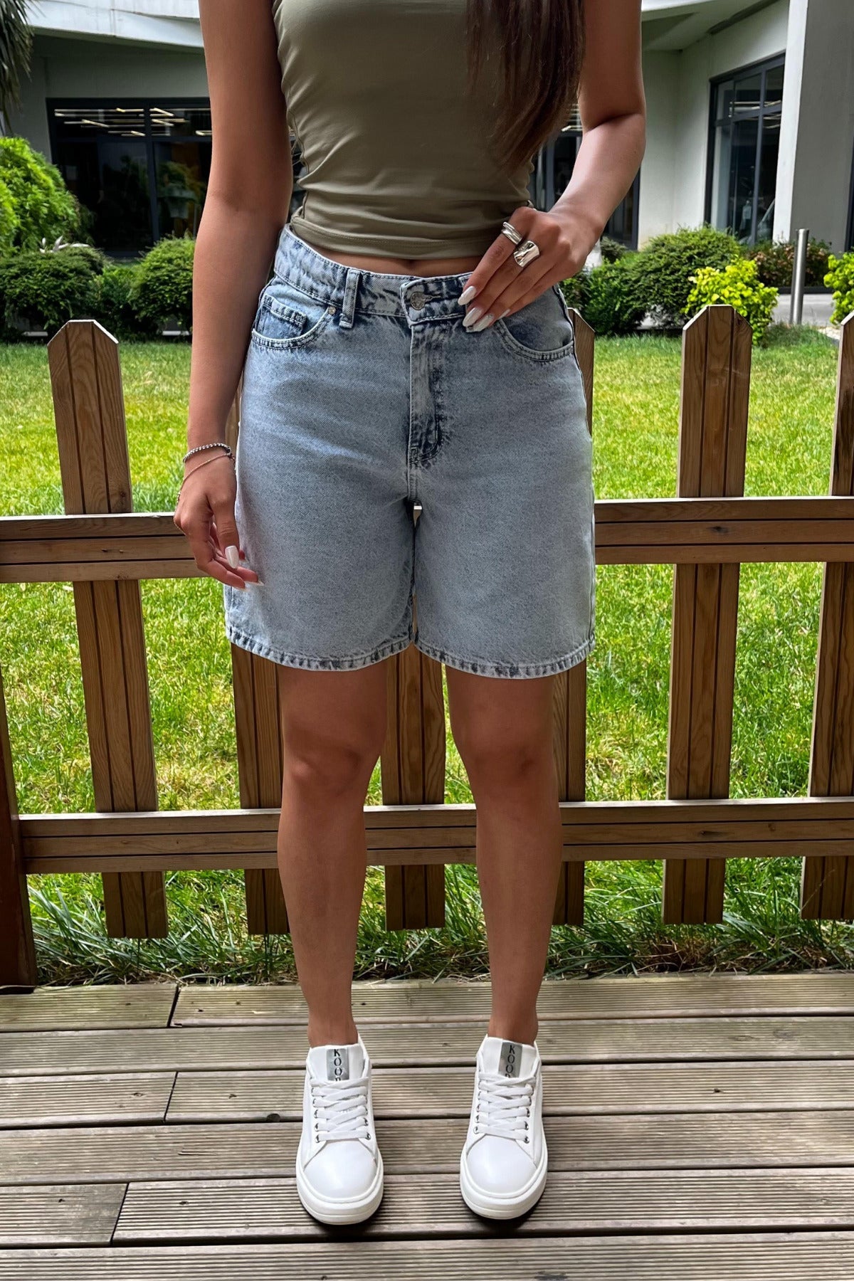 Kadın Yüksek Bel 5 Cepli Straight Fit Şort Jeans Açık Mavi - MALLTURK