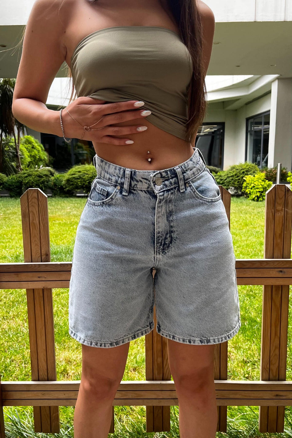 Kadın Yüksek Bel 5 Cepli Straight Fit Şort Jeans Açık Mavi - MALLTURK