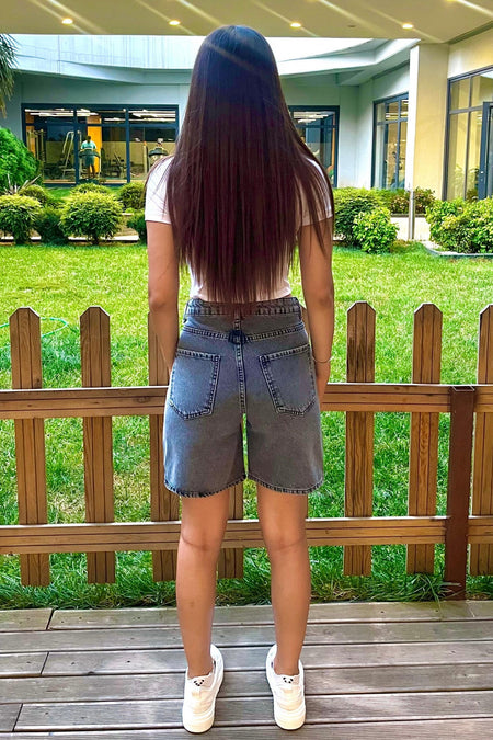 Kadın Yüksek Bel 5 Cepli Straight Fit Şort Jeans Füme - MALLTURK