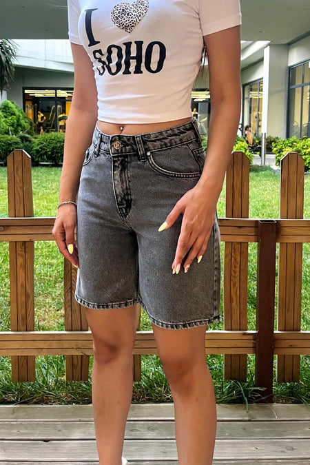 Kadın Yüksek Bel 5 Cepli Straight Fit Şort Jeans Gri - MALLTURK