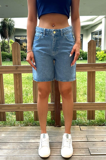 Kadın Yüksek Bel 5 Cepli Straight Fit Şort Jeans Mavi - MALLTURK