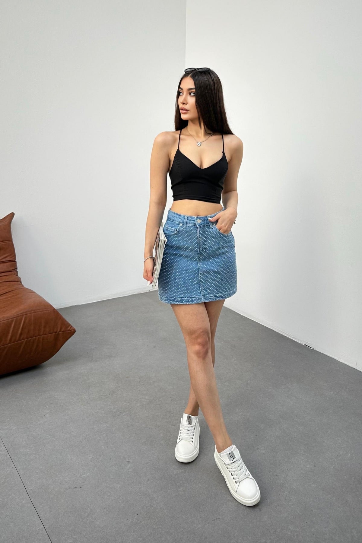 Kadın Yüksek Bel Baklava Taşlı Mini Kot Denim Etek Mavi - MALLTURK