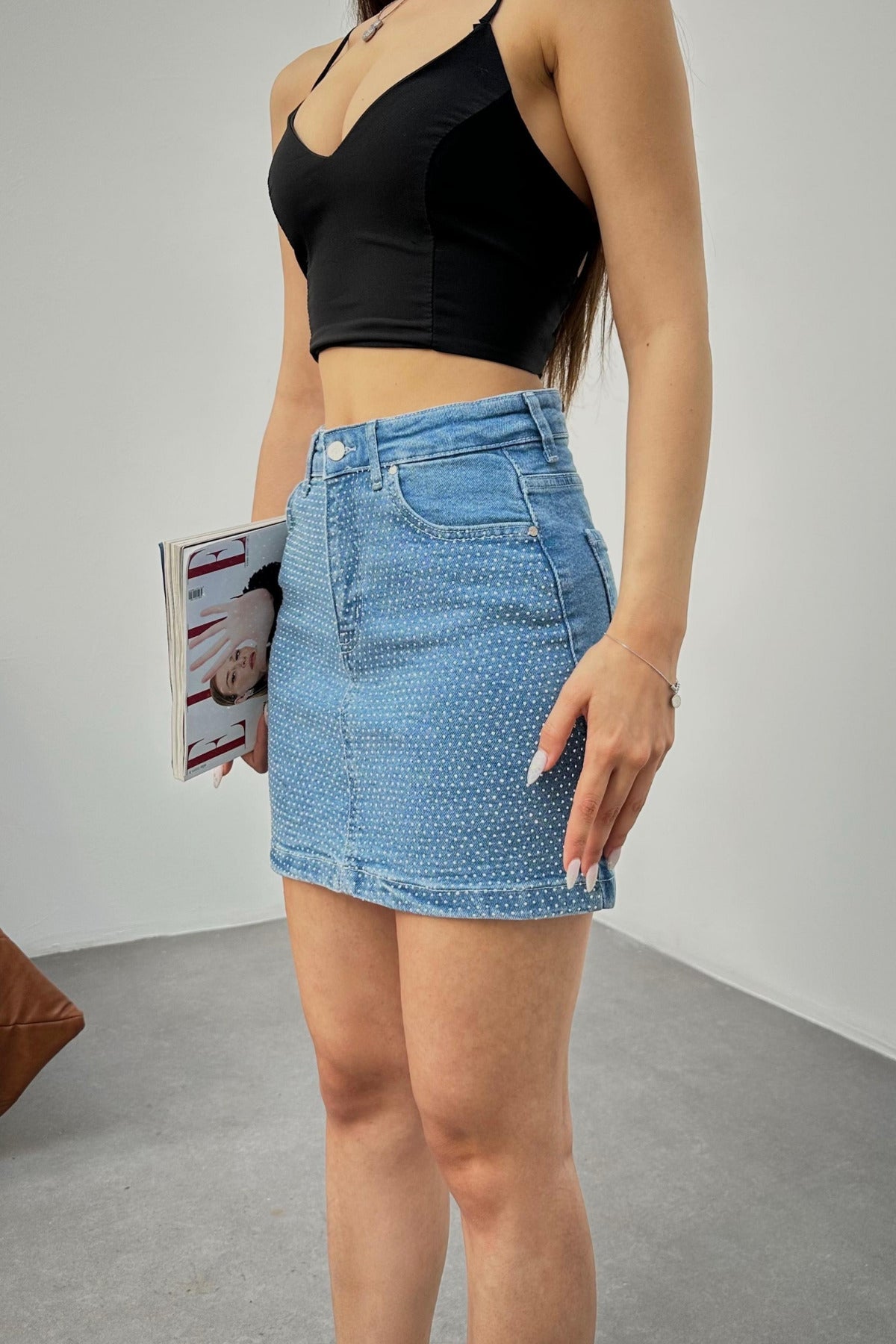 Kadın Yüksek Bel Baklava Taşlı Mini Kot Denim Etek Mavi - MALLTURK