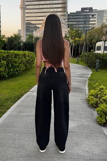 Kadın Yüksek Bel Bol Kesim Geniş Paça Baggy Fıt Jean Siyah - MALLTURK