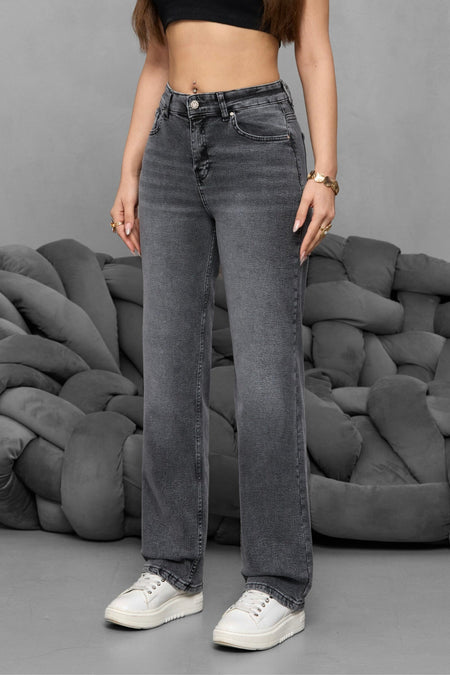 Kadın Yüksek Bel Boru Paça Straight Fit Jean Siyah - MALLTURK