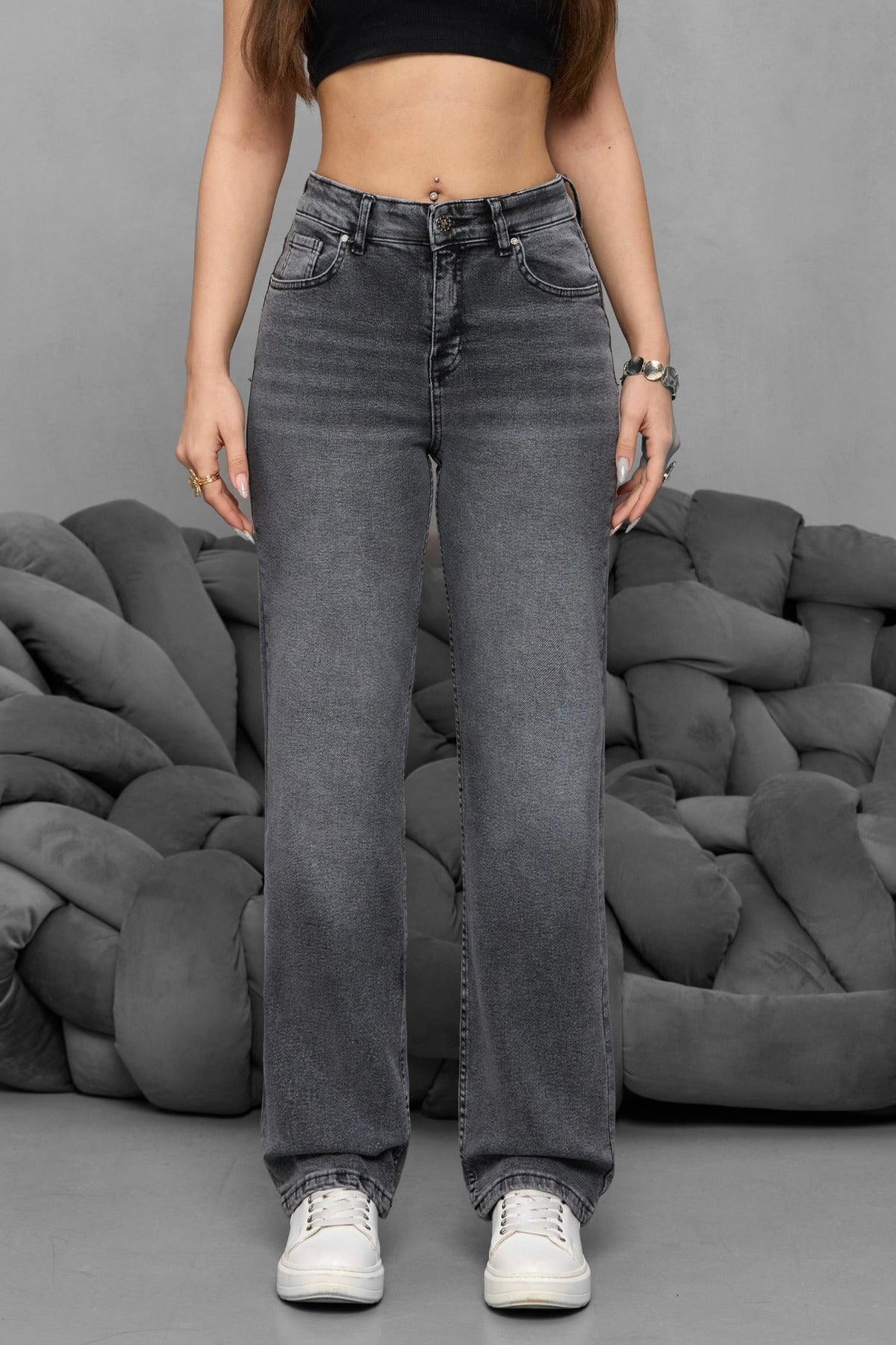 Kadın Yüksek Bel Boru Paça Straight Fit Jean Siyah - MALLTURK