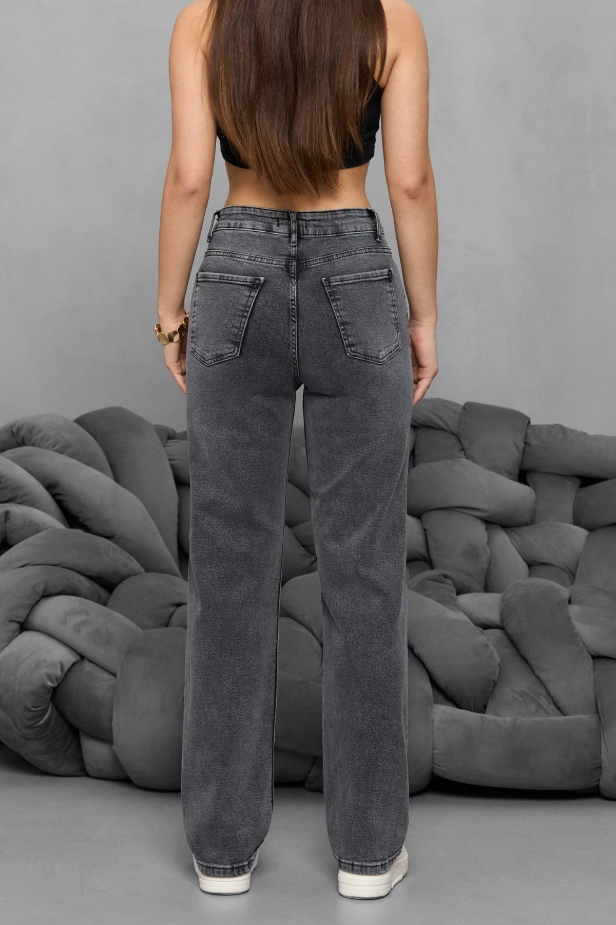 Kadın Yüksek Bel Boru Paça Straight Fit Jean Siyah - MALLTURK