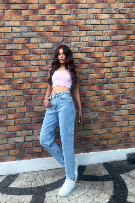 Kadın Yüksek Bel Boyfriend Likralı Kot Pantolon Açık Mavi - MALLTURK