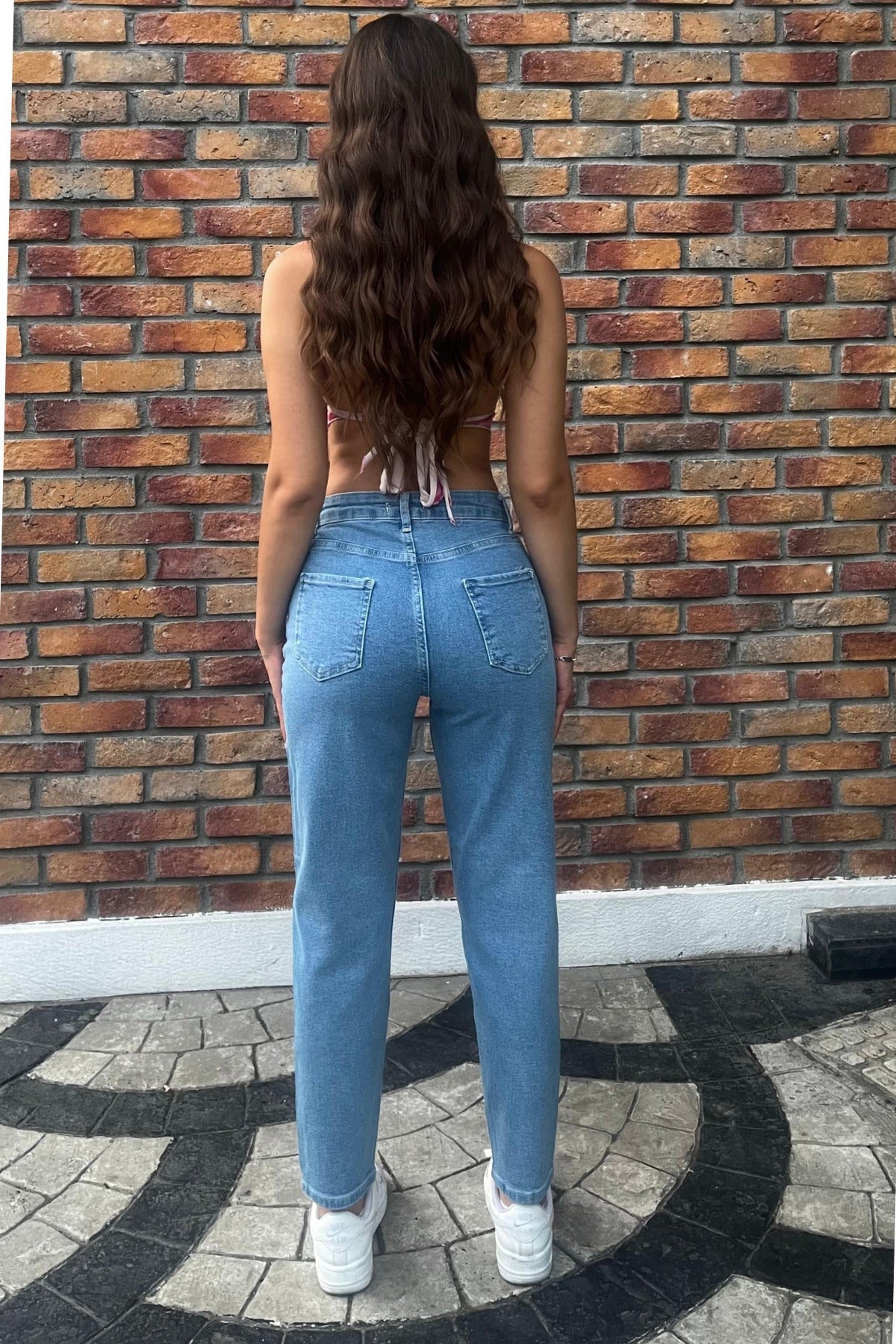 Kadın Yüksek Bel Boyfriend Likralı Kot Pantolon Açık Mavi - MALLTURK